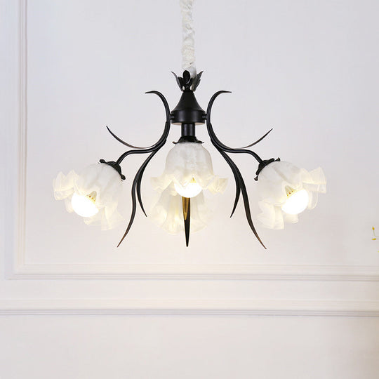 Floral Chandelier Pendant Light Pastoral Style Cream Glass Ideal For Dining Room 4 / Black