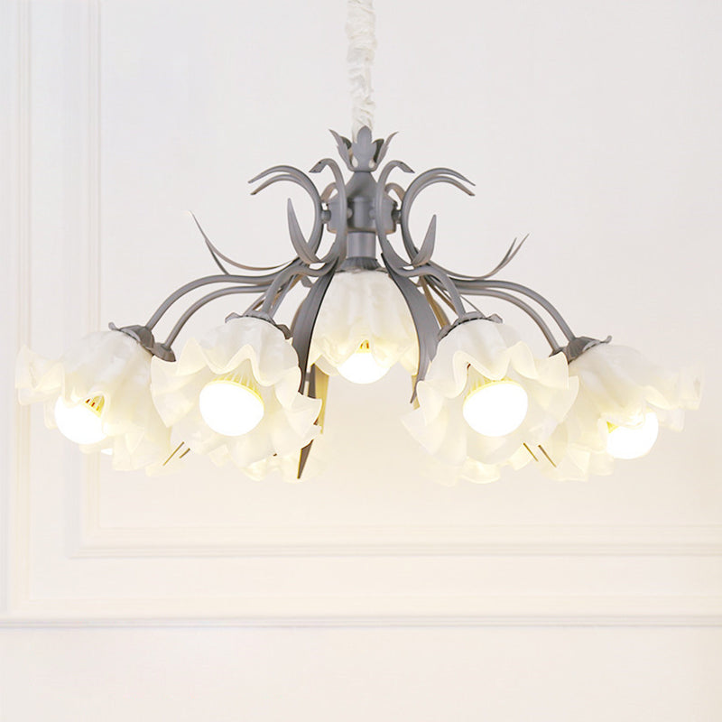 Floral Chandelier Pendant Light Pastoral Style Cream Glass Ideal For Dining Room 9 / Grey