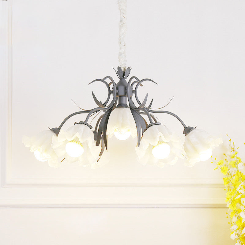 Floral Chandelier Pendant Light Pastoral Style Cream Glass Ideal For Dining Room 7 / Grey