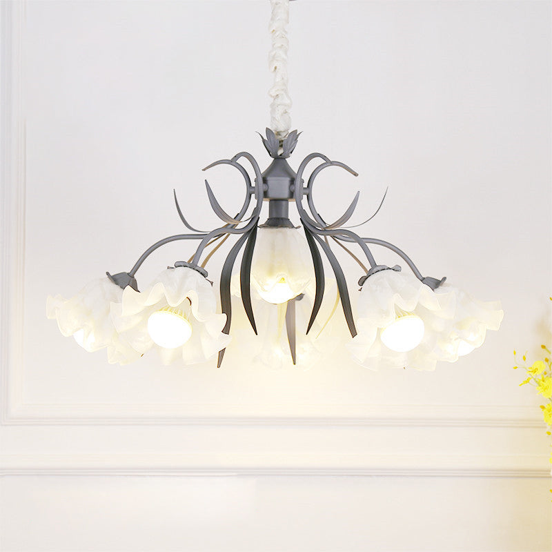 Floral Chandelier Pendant Light Pastoral Style Cream Glass Ideal For Dining Room 6 / Grey