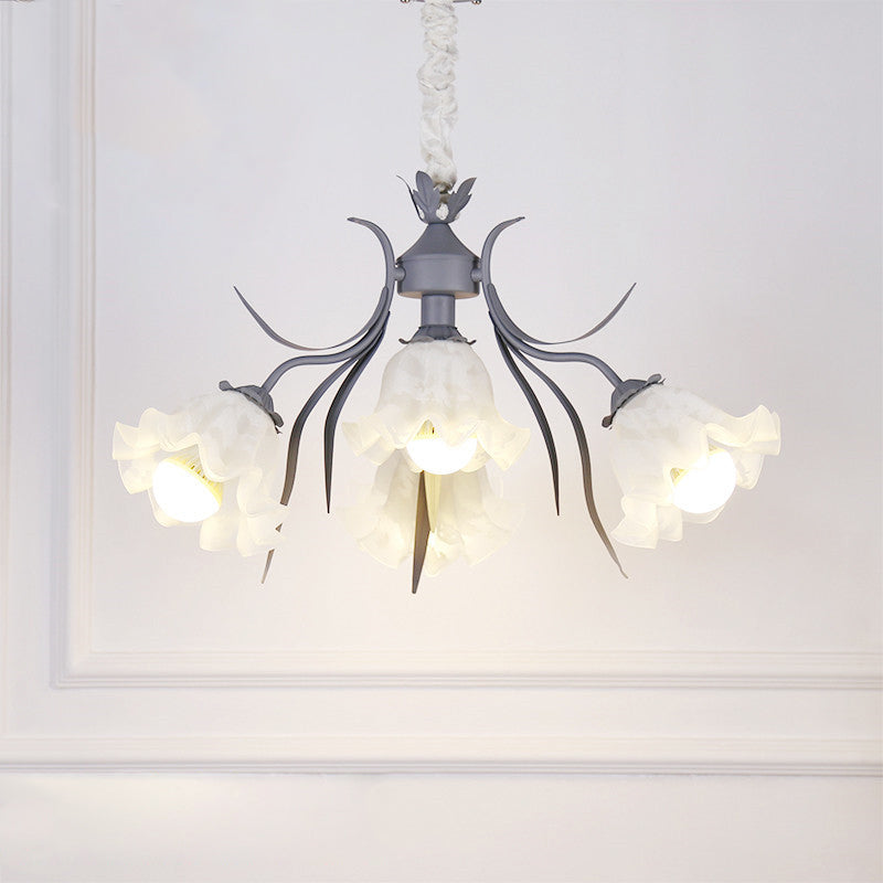 Floral Chandelier Pendant Light Pastoral Style Cream Glass Ideal For Dining Room 4 / Grey