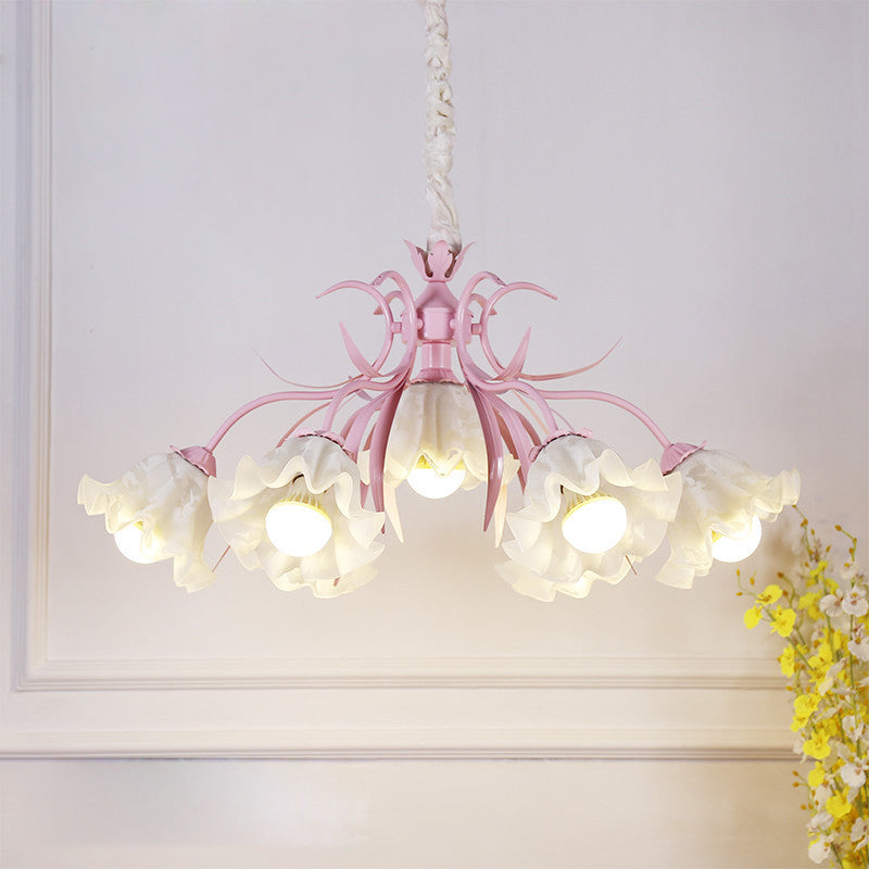 Floral Chandelier Pendant Light Pastoral Style Cream Glass Ideal For Dining Room 9 / Pink