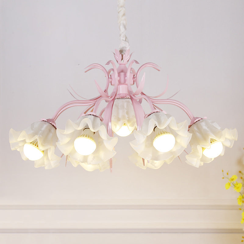 Floral Chandelier Pendant Light Pastoral Style Cream Glass Ideal For Dining Room 7 / Pink