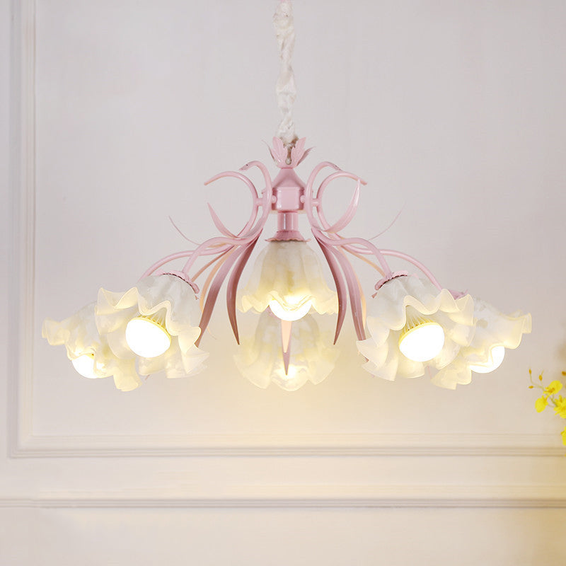 Floral Chandelier Pendant Light Pastoral Style Cream Glass Ideal For Dining Room 4 / Pink