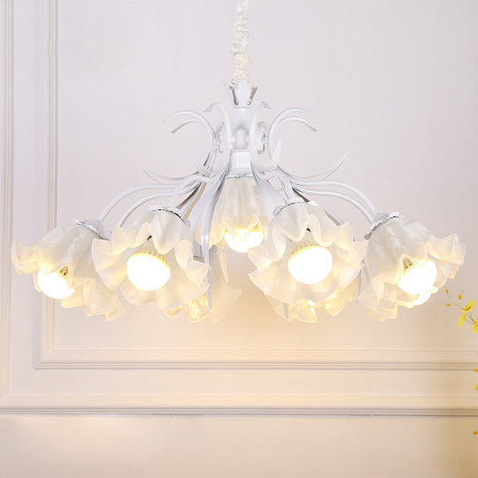 Floral Chandelier Pendant Light Pastoral Style Cream Glass Ideal For Dining Room 9 / White