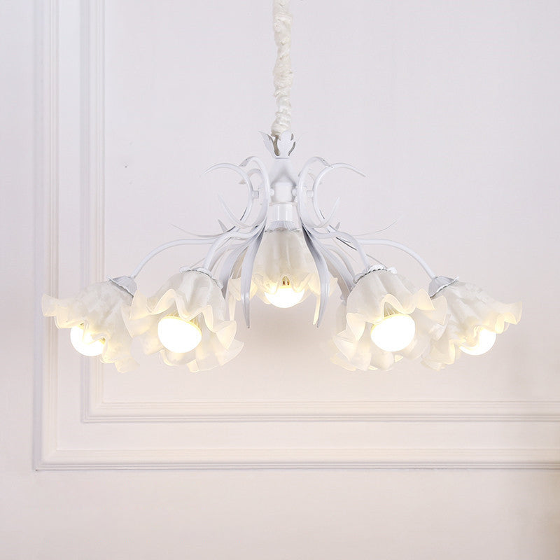 Floral Chandelier Pendant Light Pastoral Style Cream Glass Ideal For Dining Room 7 / White