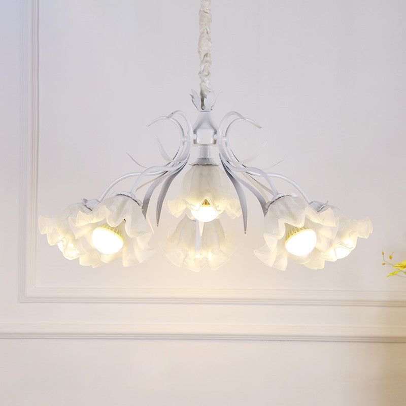 Floral Chandelier Pendant Light Pastoral Style Cream Glass Ideal For Dining Room 6 / White