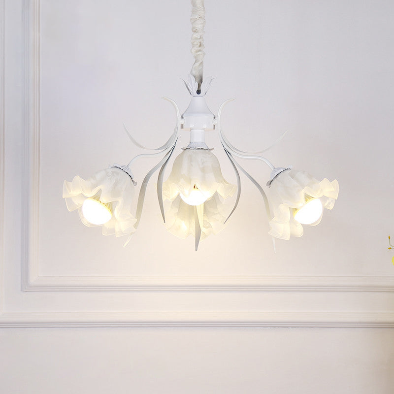 Floral Chandelier Pendant Light Pastoral Style Cream Glass Ideal For Dining Room 4 / White