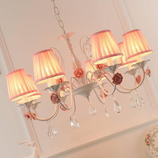 Pastoral Bedroom Chandelier Light With Rose Crystal Draping - Fabric Pleated Empire Shade Suspension