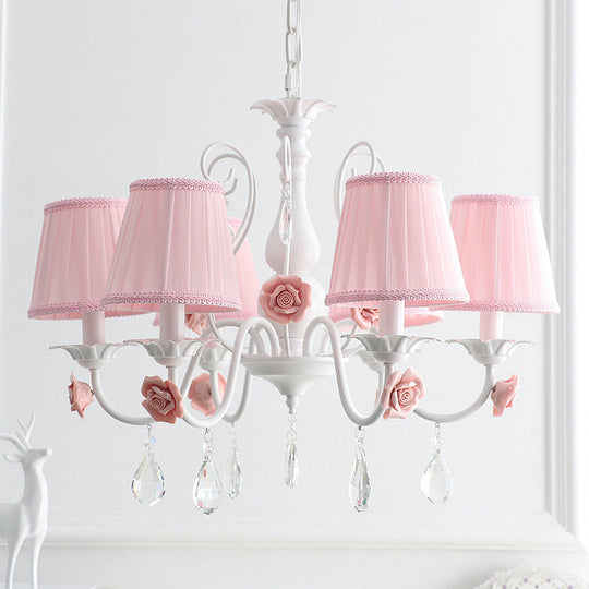 Pastoral Bedroom Chandelier Light With Rose Crystal Draping - Fabric Pleated Empire Shade Suspension