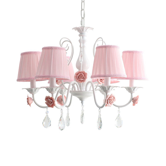 Pastoral Bedroom Chandelier Light With Rose Crystal Draping - Fabric Pleated Empire Shade Suspension