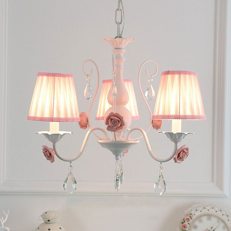 Pastoral Bedroom Chandelier Light With Rose Crystal Draping - Fabric Pleated Empire Shade Suspension