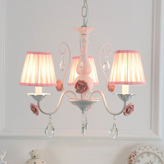 Pastoral Bedroom Chandelier Light With Rose Crystal Draping - Fabric Pleated Empire Shade Suspension