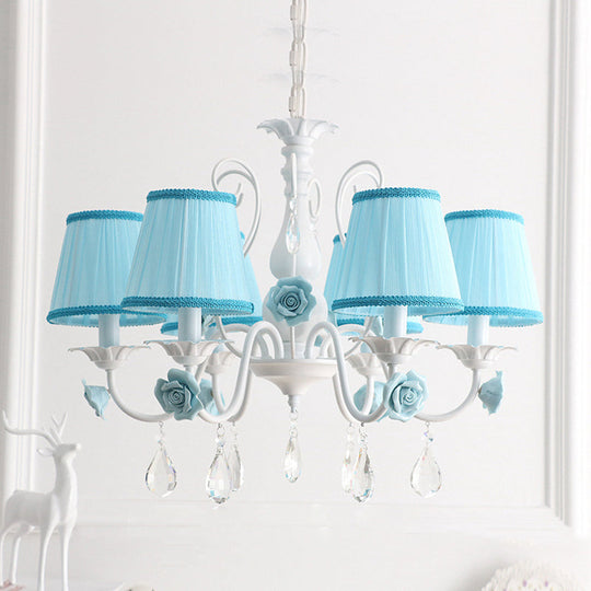 Pastoral Bedroom Chandelier Light With Rose Crystal Draping - Fabric Pleated Empire Shade Suspension