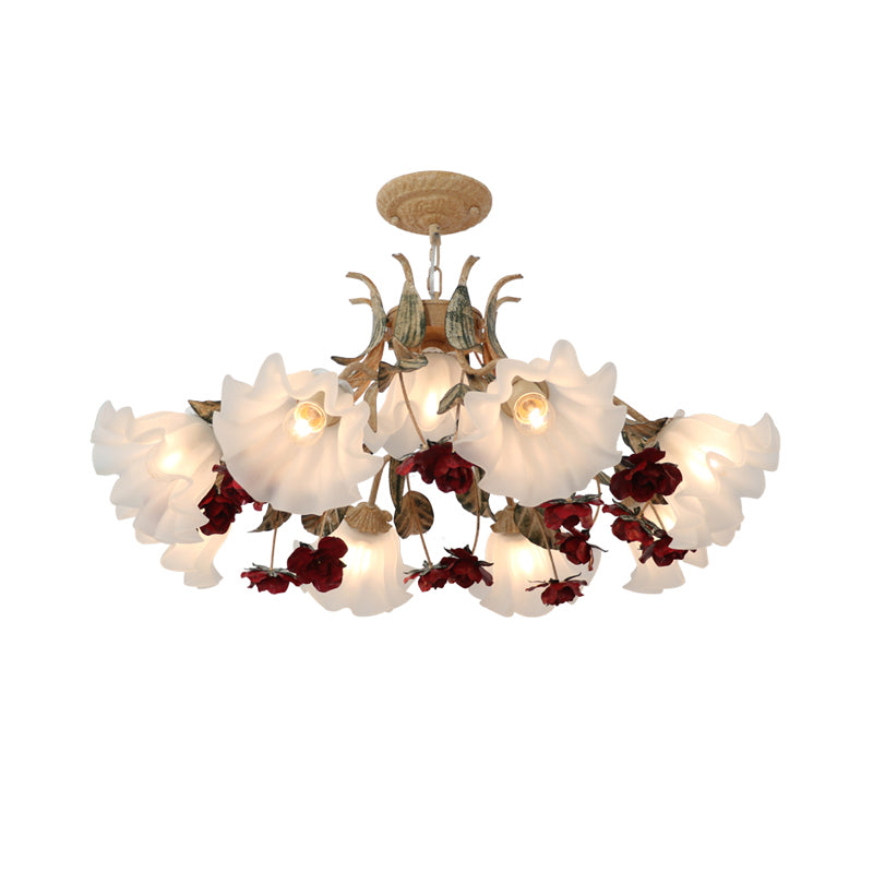 Pastoral Red Floral Glass Chandelier For Living Room Ceiling Lighting