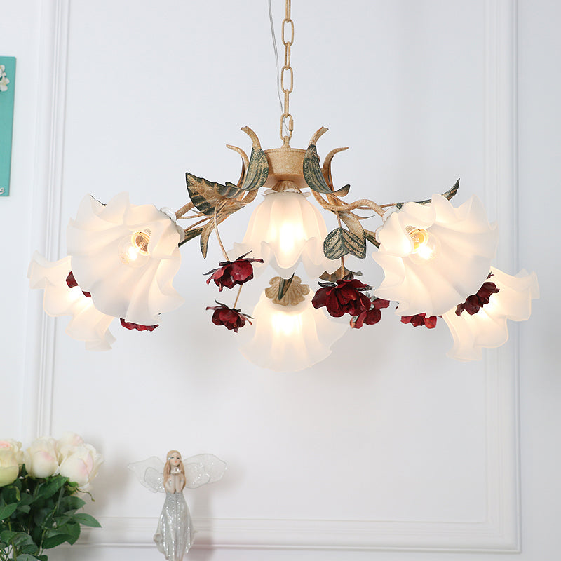 Pastoral Red Floral Glass Chandelier For Living Room Ceiling Lighting 6 /