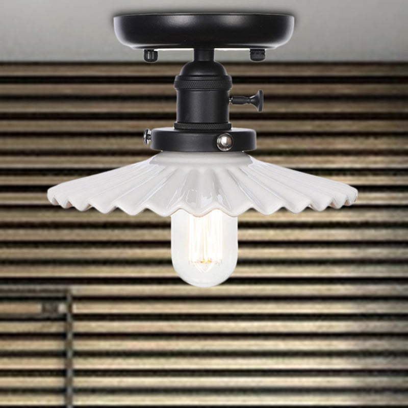 Industrial Cone/Saucer Ceiling Light Fixture - Clear/White Semi Flush for Dining Room