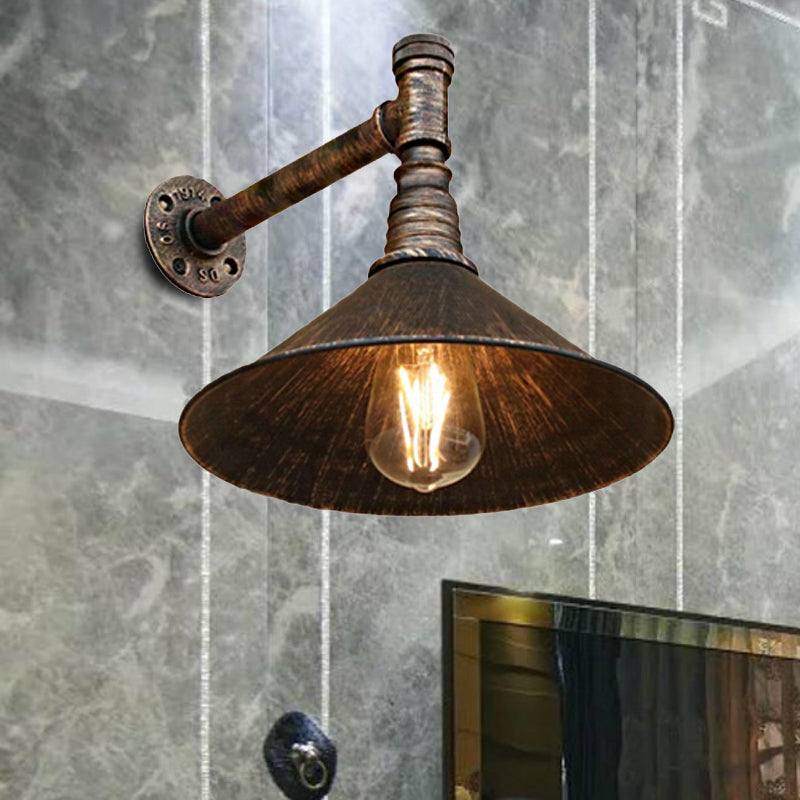 Farmhouse Style Antique Brass Wall Sconce With Metallic Cone & Pipe - 1 Head Dining Room Lighting