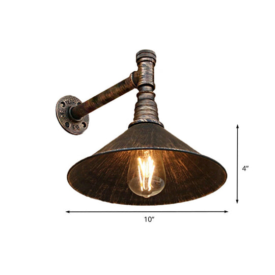 Farmhouse Style Antique Brass Wall Sconce With Metallic Cone & Pipe - 1 Head Dining Room Lighting