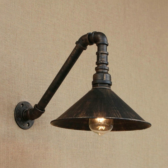 Farmhouse Style Antique Brass Wall Sconce With Metallic Cone & Pipe - 1 Head Dining Room Lighting