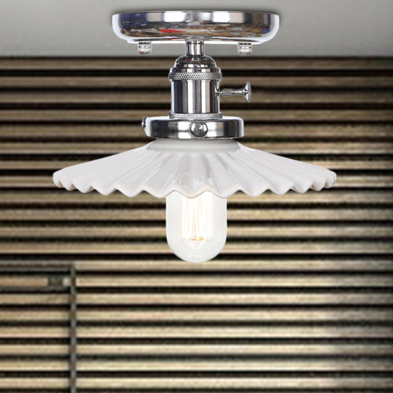 Industrial Semi Flush Ceiling Light with Cone/Saucer Opal/Clear Glass Shade - Perfect for Living Room