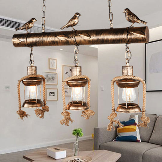 Coastal Style Metal Caged Island Pendant Light - 3-Light Kitchen Hanging Lamp In Bronze/Weathered