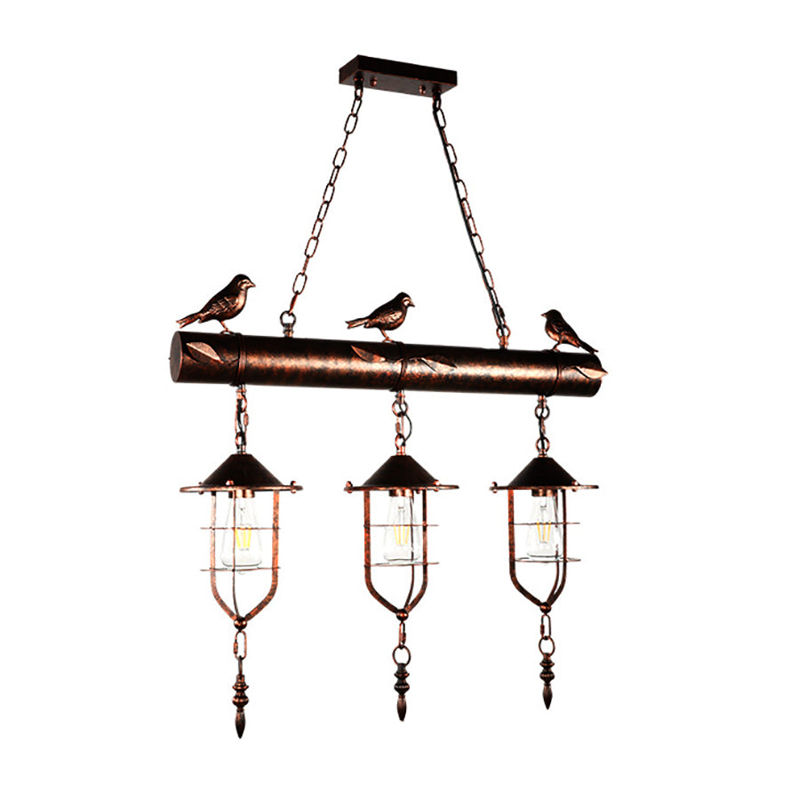 Coastal Style Metal Caged Island Pendant Light - 3-Light Kitchen Hanging Lamp In Bronze/Weathered