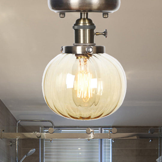 Industrial Bronze Globe Semi Flush Light with Clear/Amber Glass - Indoor Lighting Fixture