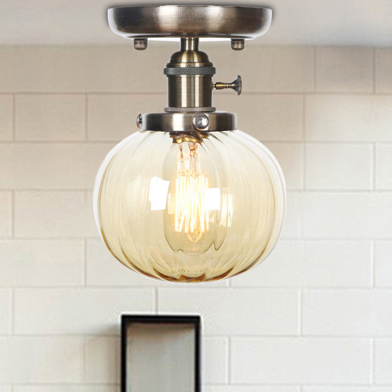 Industrial Bronze Globe Semi Flush Light with Clear/Amber Glass - Indoor Lighting Fixture