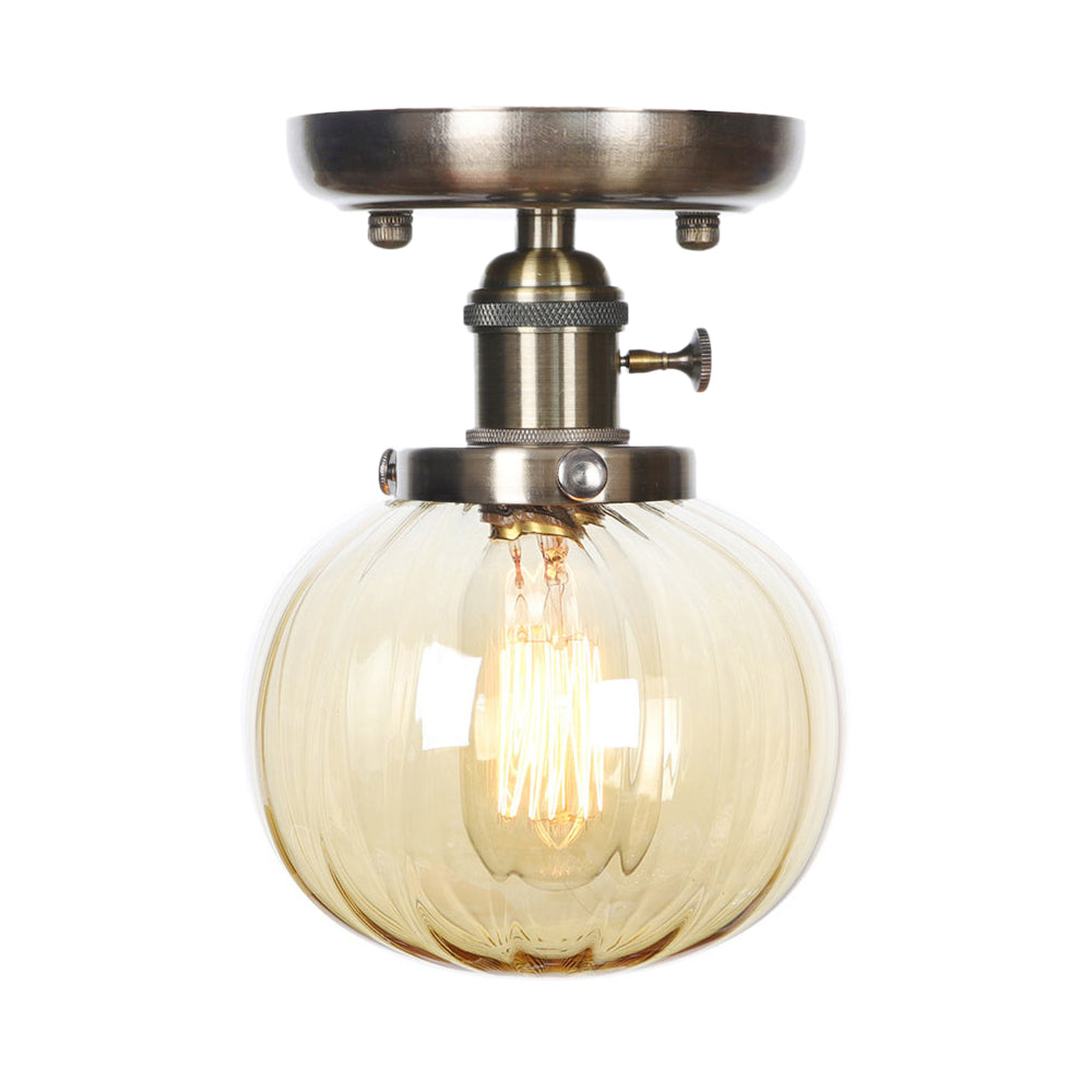 Industrial Bronze Globe Semi Flush Light with Clear/Amber Glass - Indoor Lighting Fixture