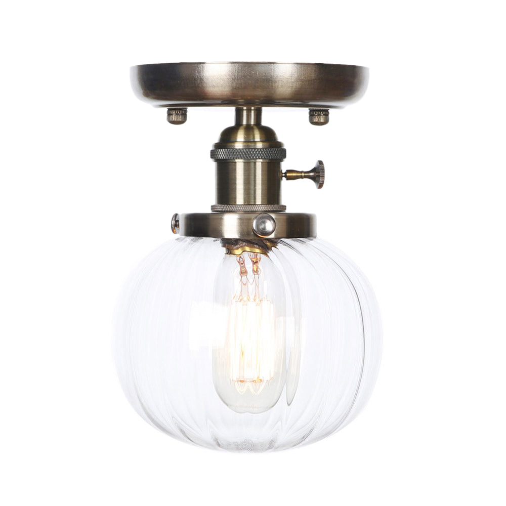 Industrial Bronze Globe Semi Flush Light with Clear/Amber Glass - Indoor Lighting Fixture