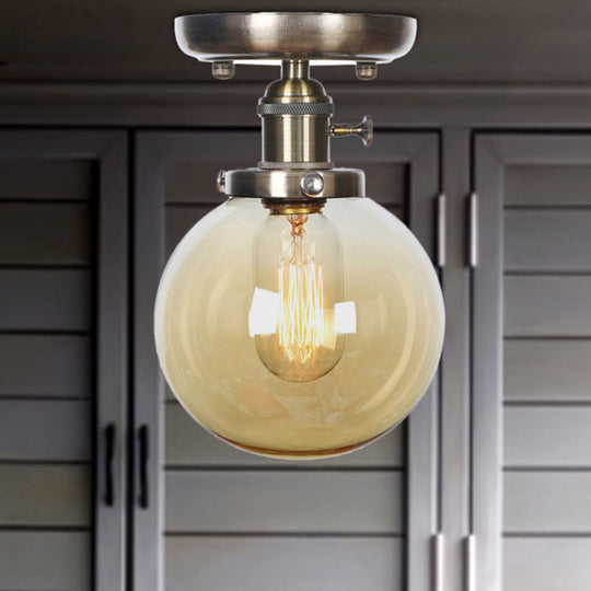 Industrial Bronze Globe Semi Flush Light with Clear/Amber Glass - Indoor Lighting Fixture