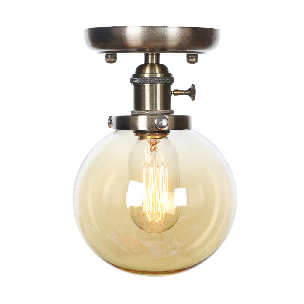 Industrial Bronze Globe Semi Flush Light with Clear/Amber Glass - Indoor Lighting Fixture