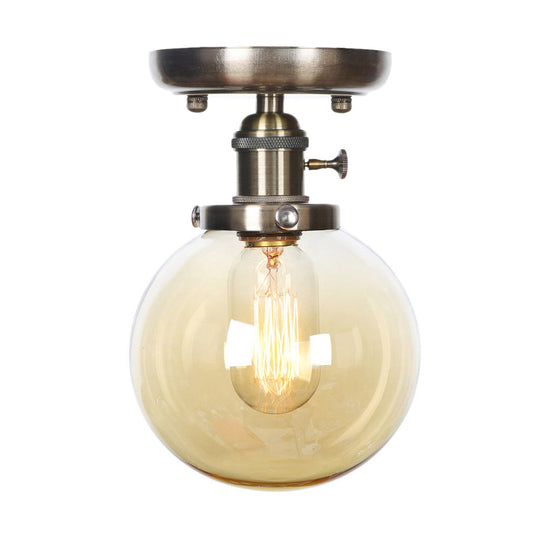 Industrial Bronze Globe Semi Flush Light With Clear/Amber Glass - Indoor Lighting Fixture