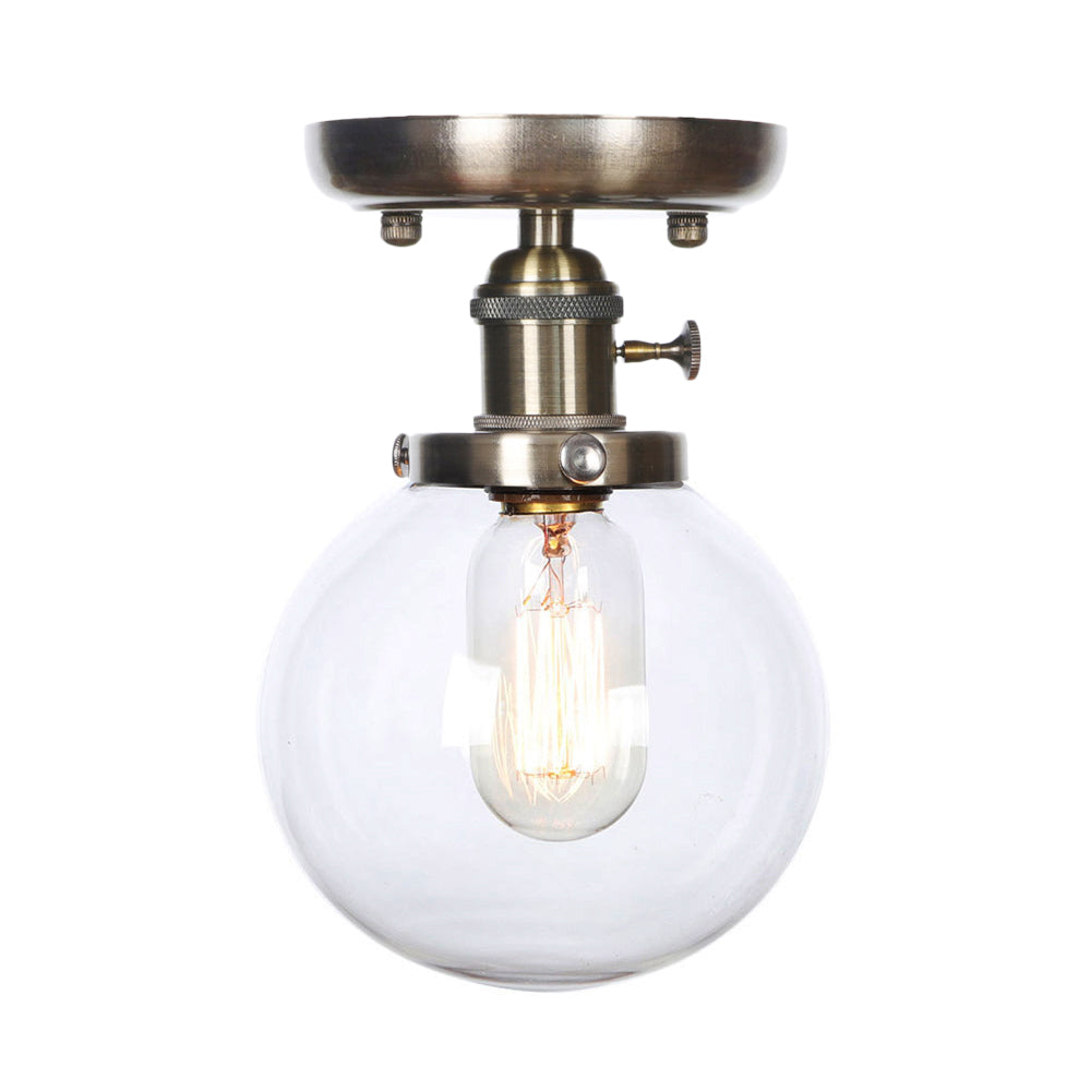 Industrial Bronze Globe Semi Flush Light With Clear/Amber Glass - Indoor Lighting Fixture