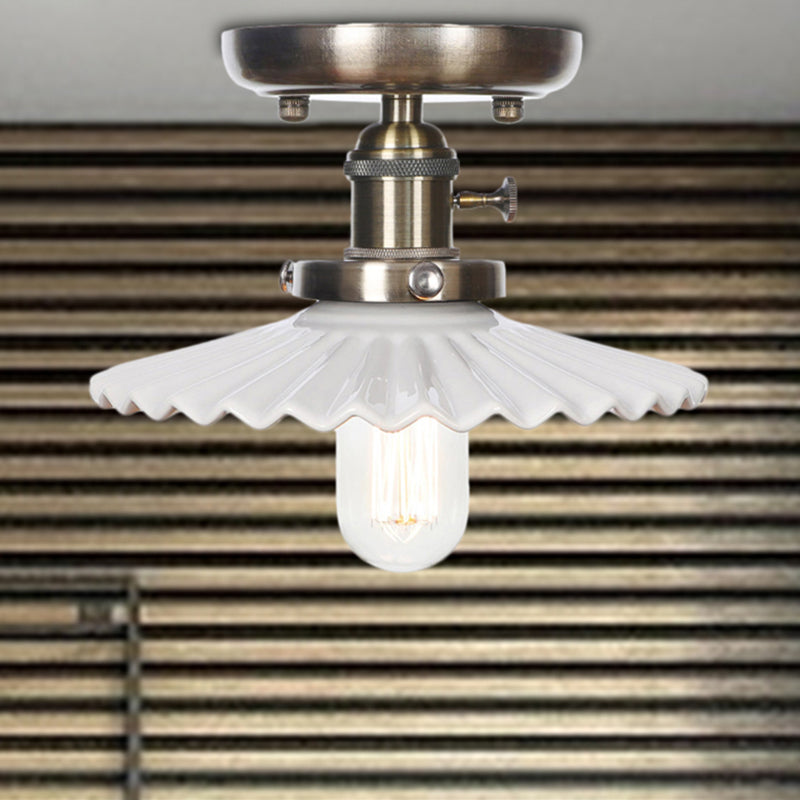 Sleek Metal Semi Flush Mount Industrial Light Fixture with 1 Bulb for Living Room, in White/Clear