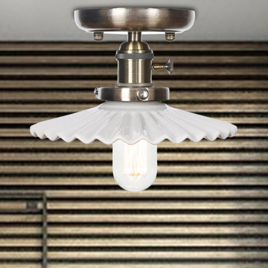 Sleek Metal Semi Flush Mount Industrial Light Fixture with 1 Bulb for Living Room, in White/Clear