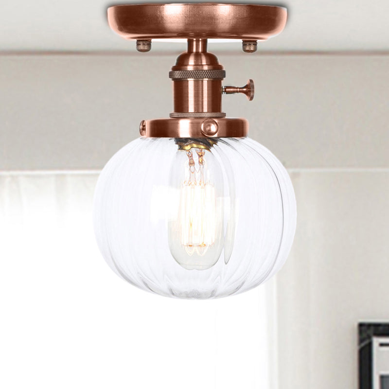 Semi Mount Industrial Ceiling Light in Copper - Clear/Amber Glass Globe, Round Design - 1 Bulb - Perfect for Living Room