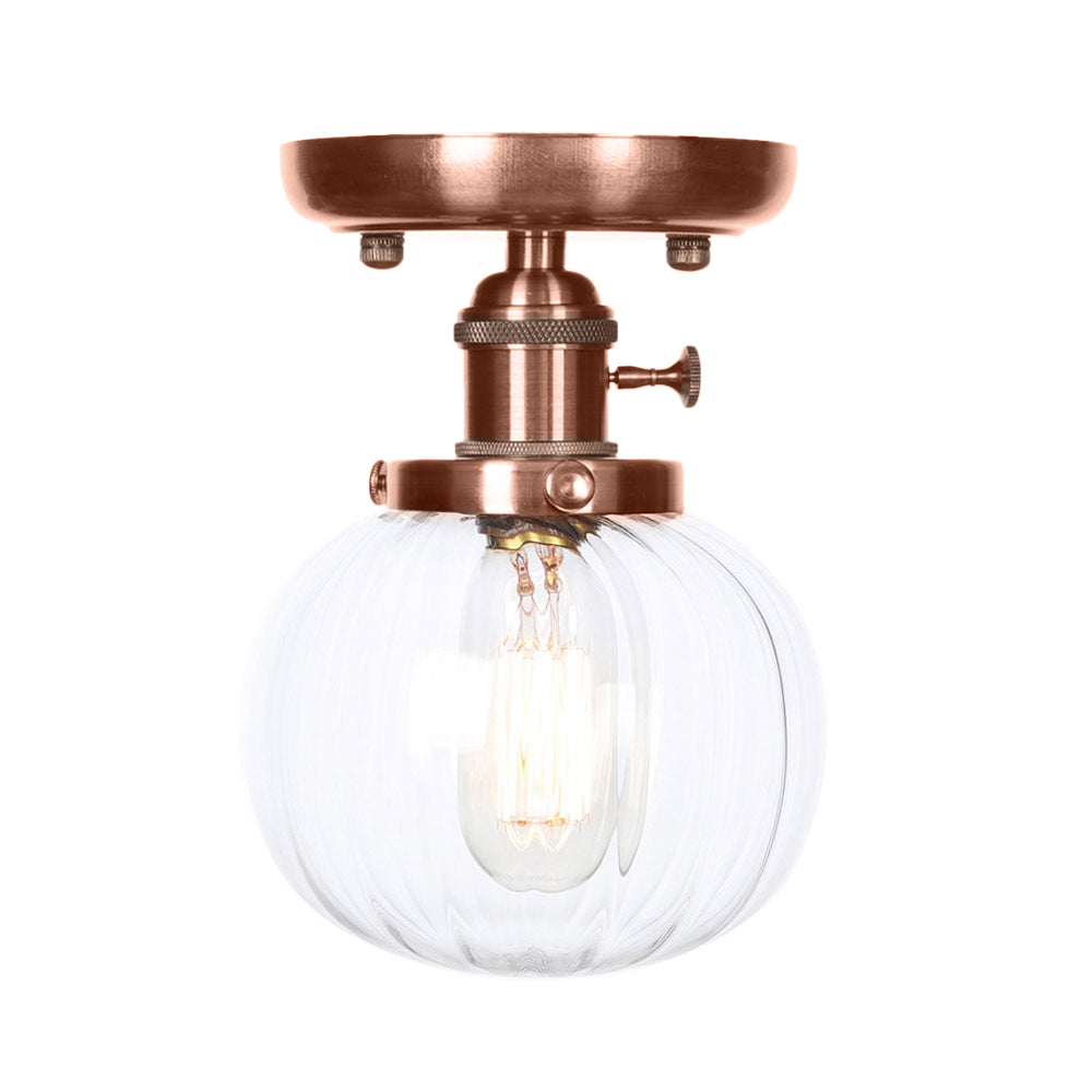 Semi Mount Industrial Ceiling Light In Copper - Clear/Amber Glass Globe Round Design 1 Bulb Perfect