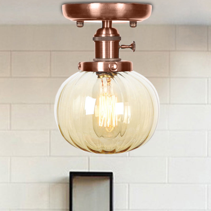 Semi Mount Industrial Ceiling Light in Copper - Clear/Amber Glass Globe, Round Design - 1 Bulb - Perfect for Living Room