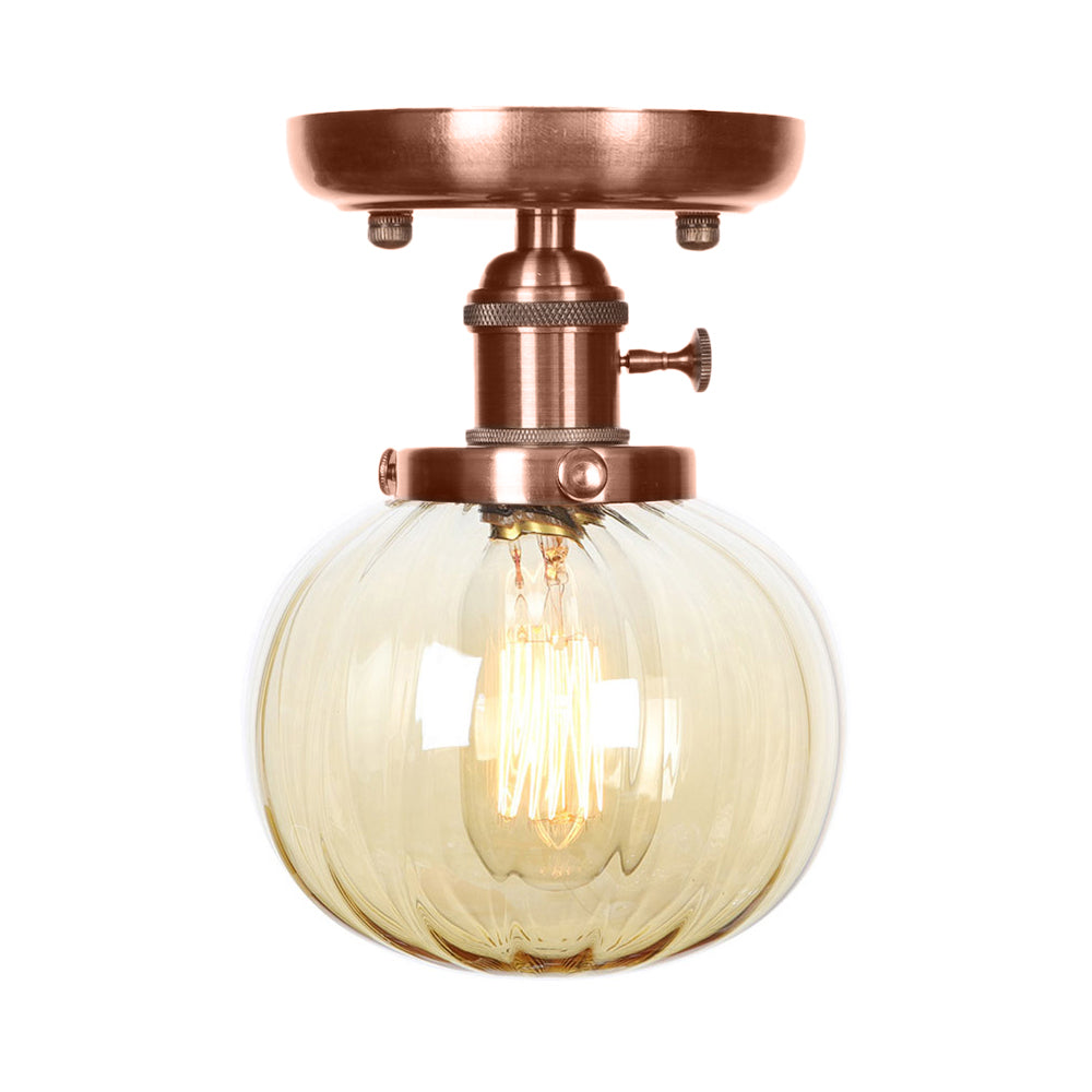 Semi Mount Industrial Ceiling Light in Copper - Clear/Amber Glass Globe, Round Design - 1 Bulb - Perfect for Living Room