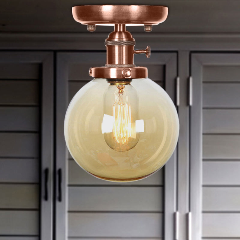 Semi Mount Industrial Ceiling Light in Copper - Clear/Amber Glass Globe, Round Design - 1 Bulb - Perfect for Living Room