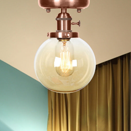 Semi Mount Industrial Ceiling Light in Copper - Clear/Amber Glass Globe, Round Design - 1 Bulb - Perfect for Living Room