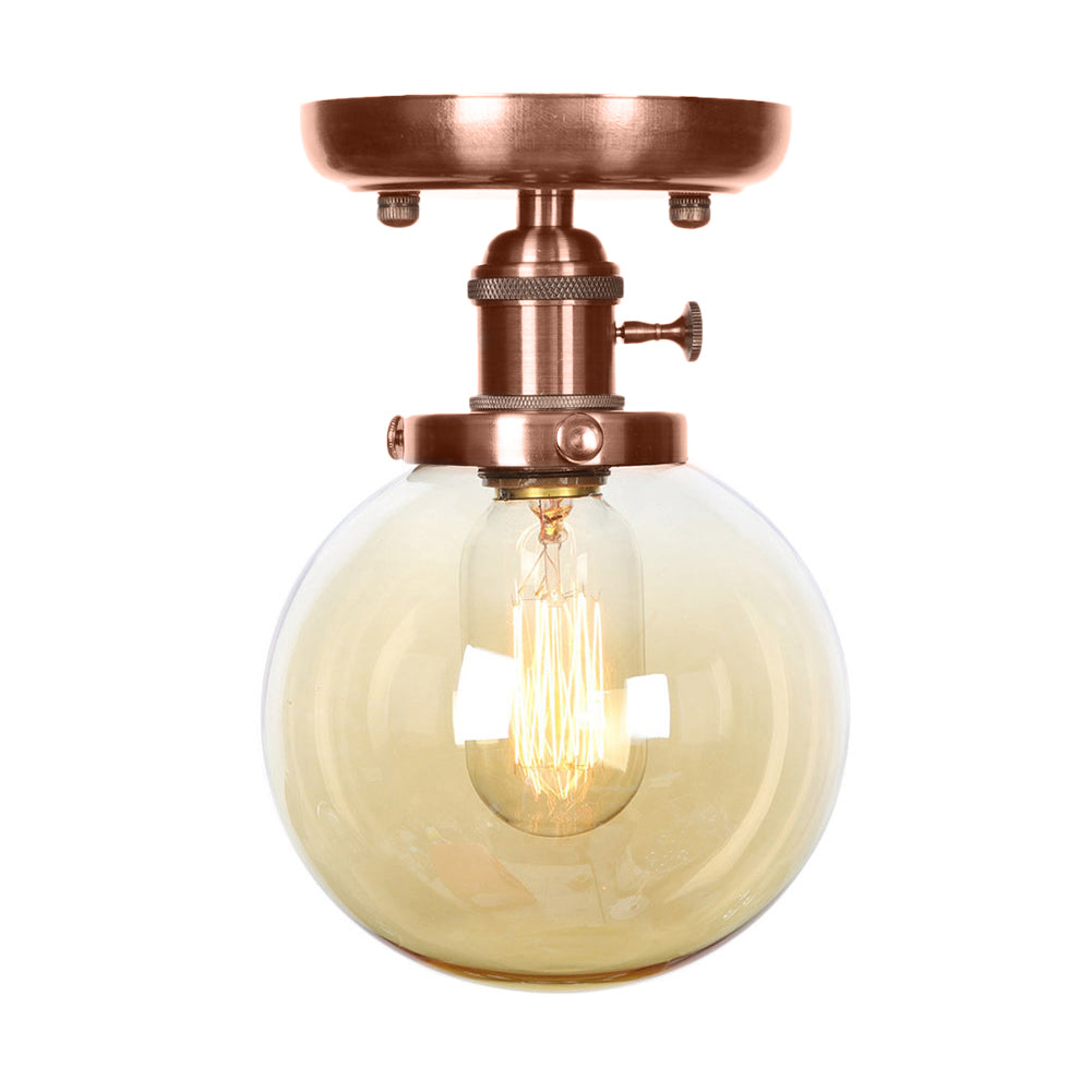 Semi Mount Industrial Ceiling Light in Copper - Clear/Amber Glass Globe, Round Design - 1 Bulb - Perfect for Living Room