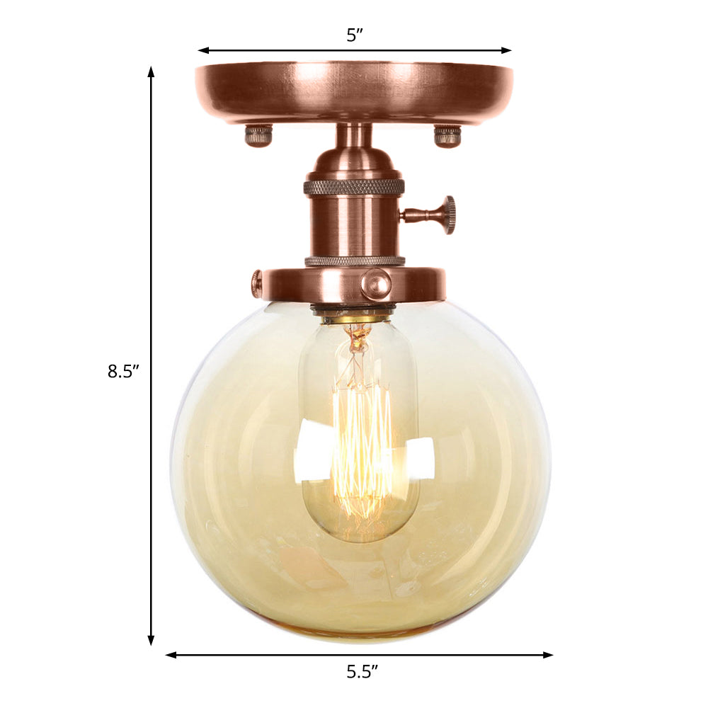 Semi Mount Industrial Ceiling Light in Copper - Clear/Amber Glass Globe, Round Design - 1 Bulb - Perfect for Living Room