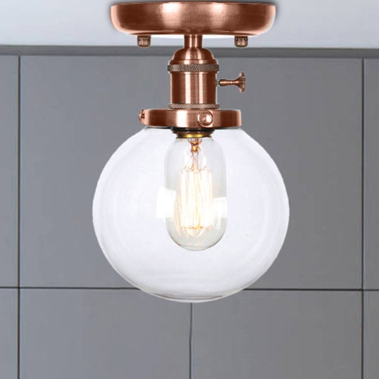 Semi Mount Industrial Ceiling Light in Copper - Clear/Amber Glass Globe, Round Design - 1 Bulb - Perfect for Living Room