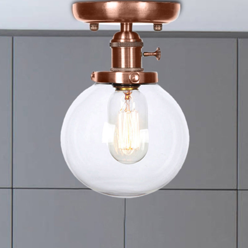 Semi Mount Industrial Ceiling Light In Copper - Clear/Amber Glass Globe Round Design 1 Bulb Perfect