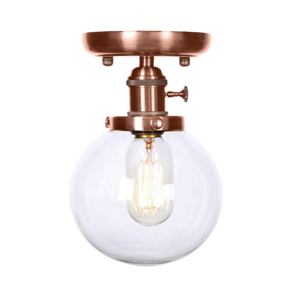 Semi Mount Industrial Ceiling Light in Copper - Clear/Amber Glass Globe, Round Design - 1 Bulb - Perfect for Living Room