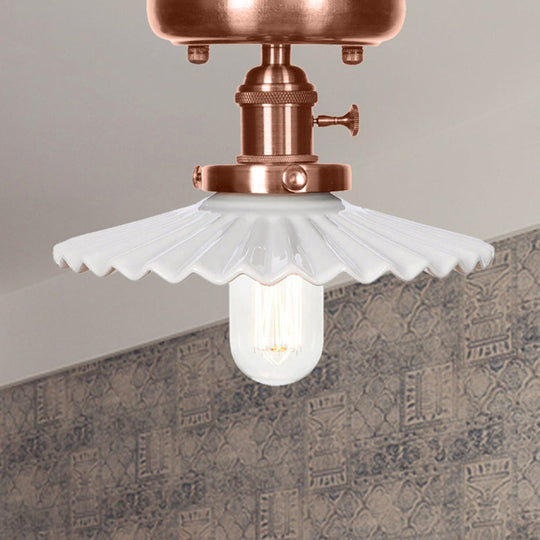 Industrial Antique Copper Semi Mount Ceiling Light with Opal/Clear Glass Shade