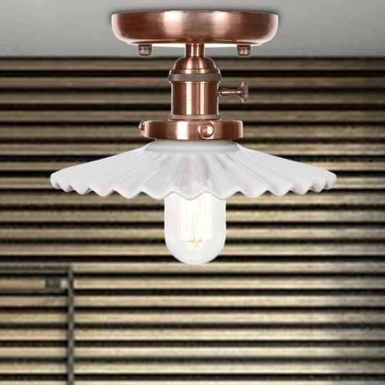 Industrial Antique Copper Semi Mount Ceiling Light with Opal/Clear Glass Shade